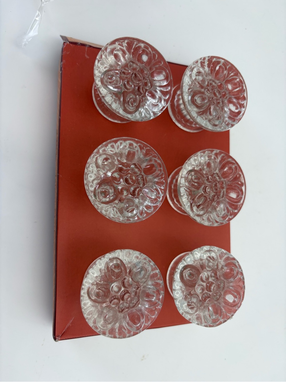 Set of 6 Ornate Clear Glass Floral Cabinet/Drawer Pull Knobs - Vintage-Inspired